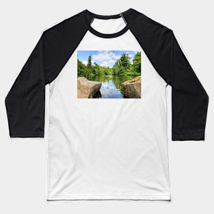 Beautiful pond view with birds going around Baseball T-Shirt